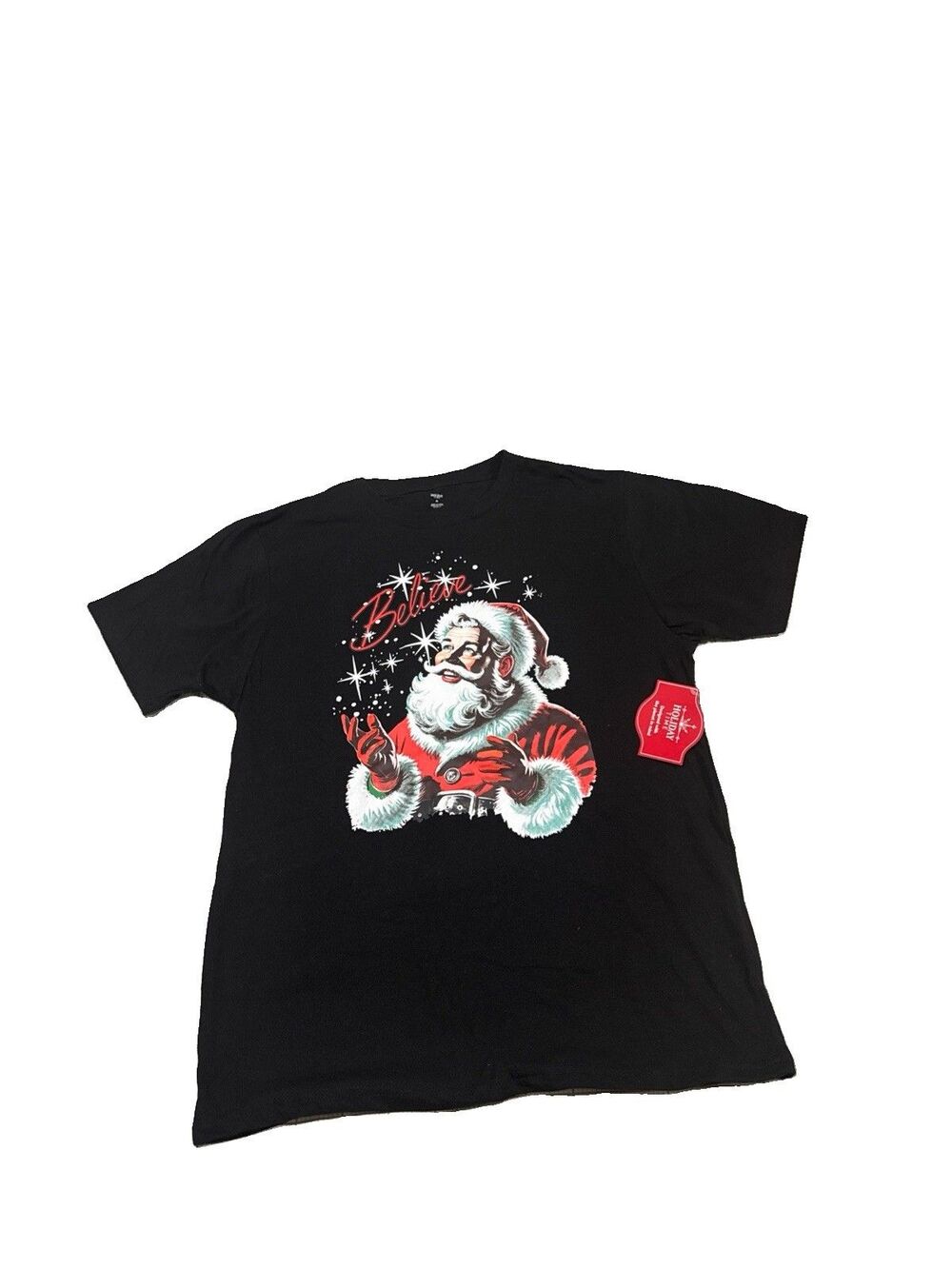 Mens Black Holiday Christmas Santa Believe T-Shirt by Holiday Time Size L